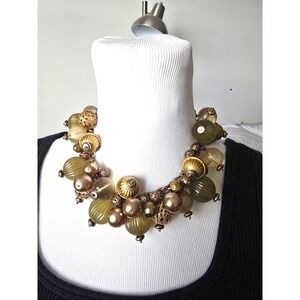 Gold Bronze Amber‎ Chunky Bead Cluster Statement Necklace Hook Clasp Bib Style